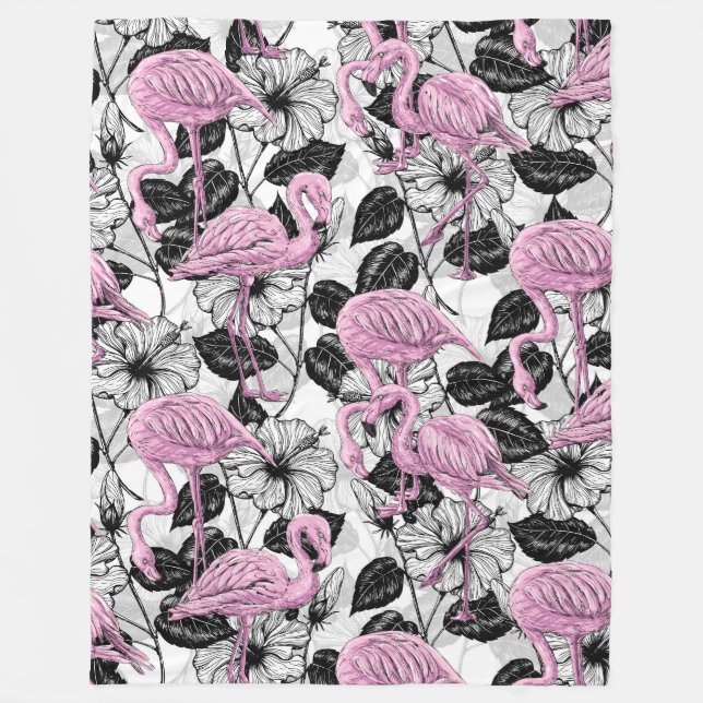 Flamingos and hibiscus flowers fleece blanket (Front)
