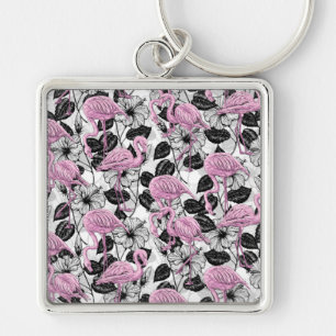 Flamingos and hibiscus flowers key ring