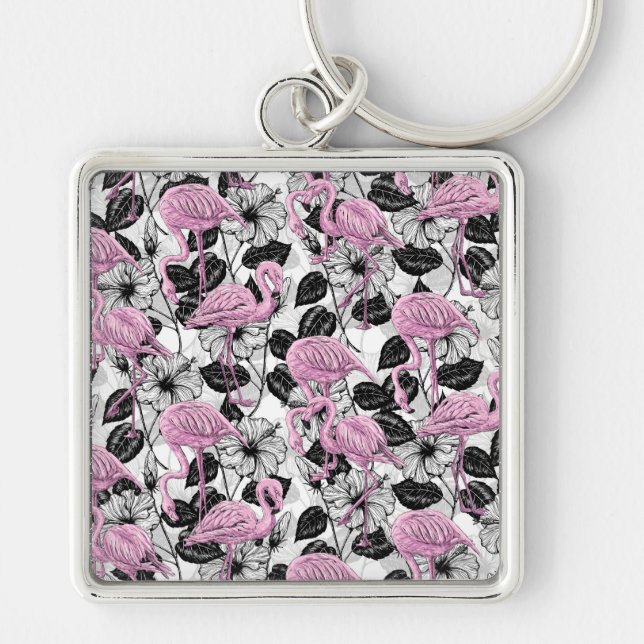Flamingos and hibiscus flowers key ring (Front)