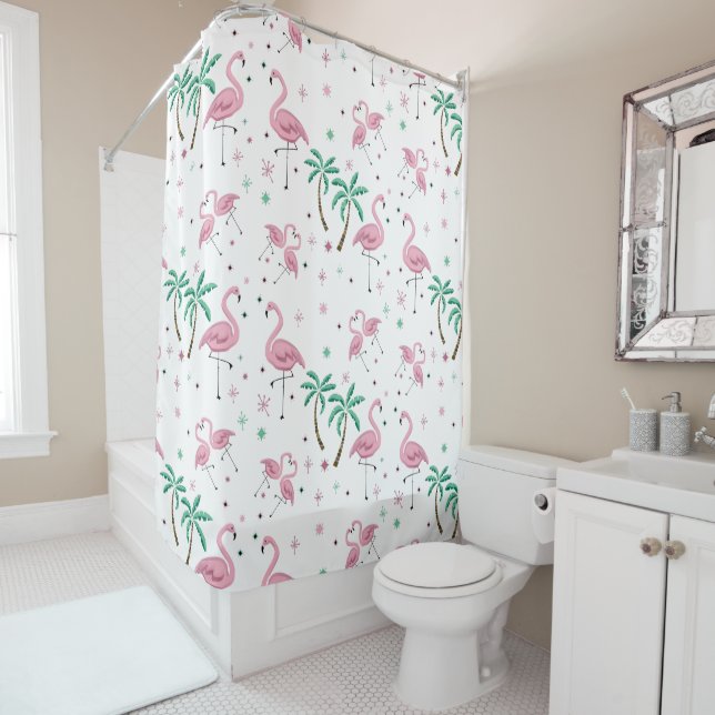 Flamingos and Palm Trees Atomic Style Pattern Shower Curtain (In Situ)