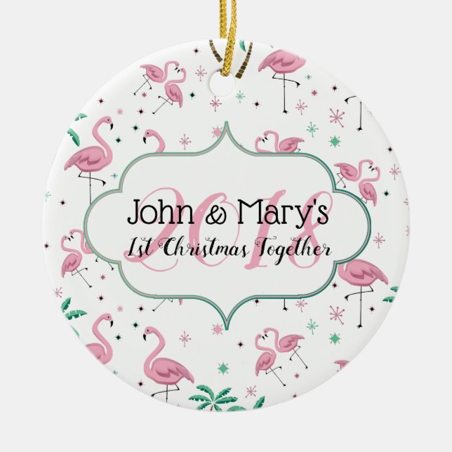 Flamingos and Palm Trees First Christmas Monogram Ceramic Tree Decoration (Front)