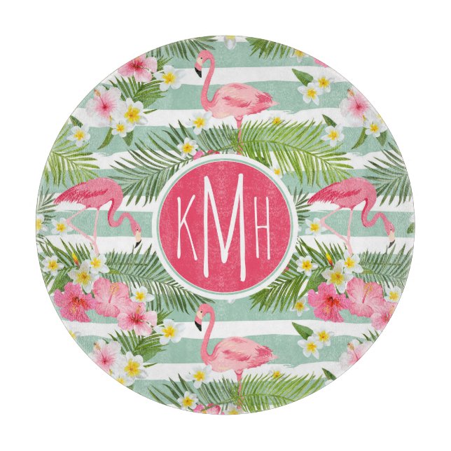 Flamingos And Stripes | Monogram Cutting Board (Front)