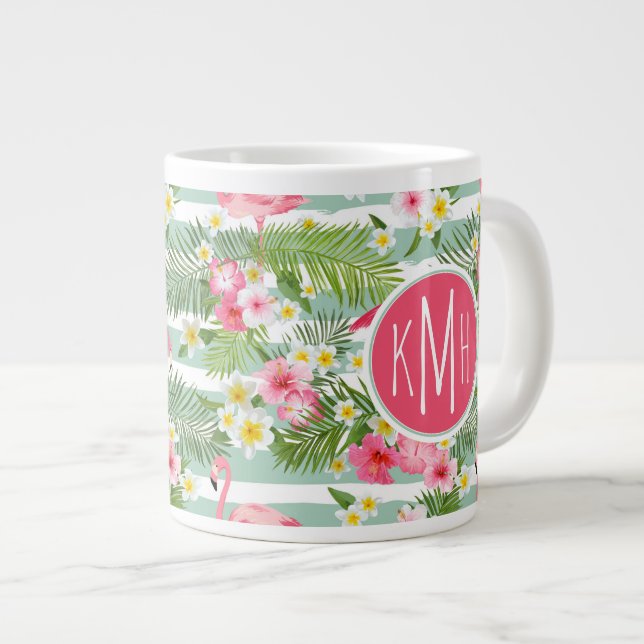 Flamingos And Stripes | Monogram Large Coffee Mug (Front Right)