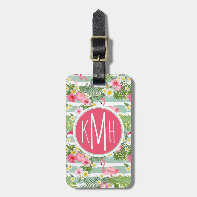 Flamingos And Stripes | Monogram Luggage Tag (Front Vertical)