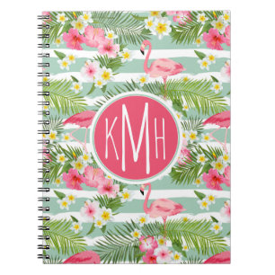 Flamingos And Stripes   Monogram Notebook