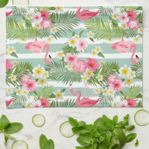 Flamingos And Stripes Monogram Tea Towel