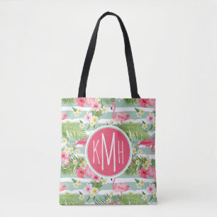 Flamingos And Stripes   Monogram Tote Bag