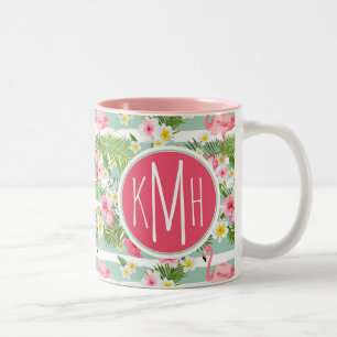 Flamingos And Stripes   Monogram Two-Tone Coffee Mug