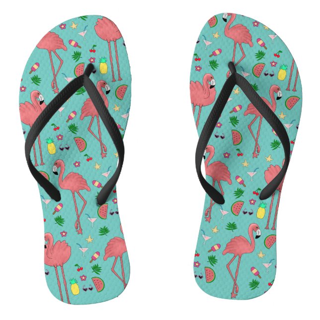 Flamingos and Summer Theme - Blue Flip Flops (Footbed)