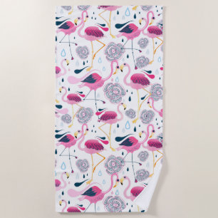 Flamingos and tropical flowers pattern beach towel