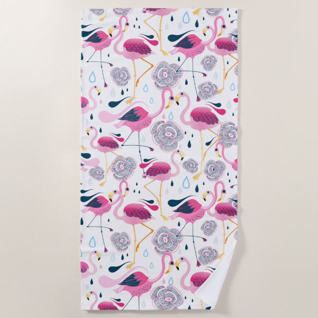 Flamingos and tropical flowers pattern beach towel (Front)
