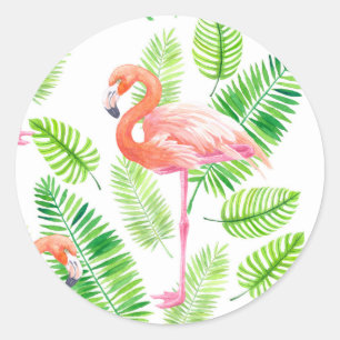 Flamingos and tropical leaves classic round sticker