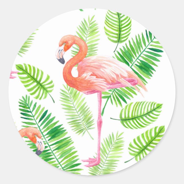Flamingos and tropical leaves classic round sticker (Front)