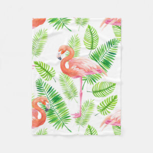 Flamingos and tropical leaves fleece blanket