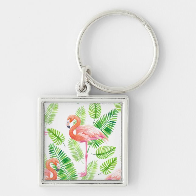 Flamingos and tropical leaves key ring (Front)