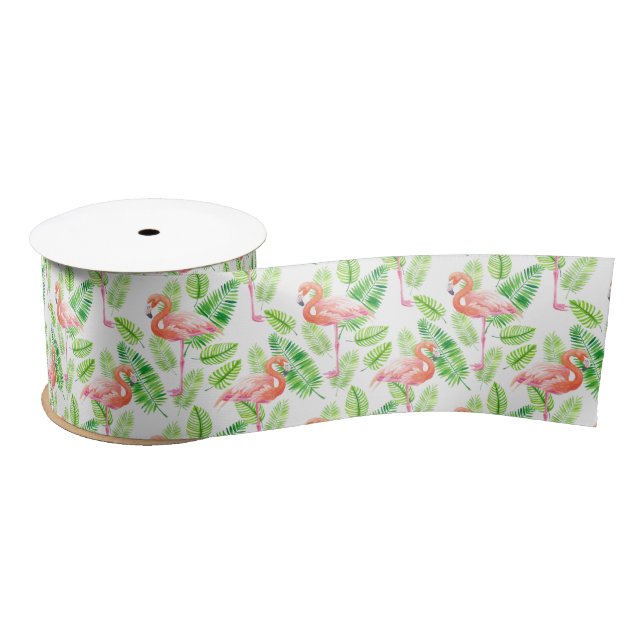Flamingos and tropical leaves satin ribbon (Spool)