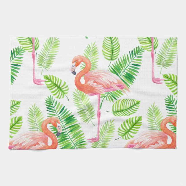 Flamingos and tropical leaves tea towel (Horizontal)