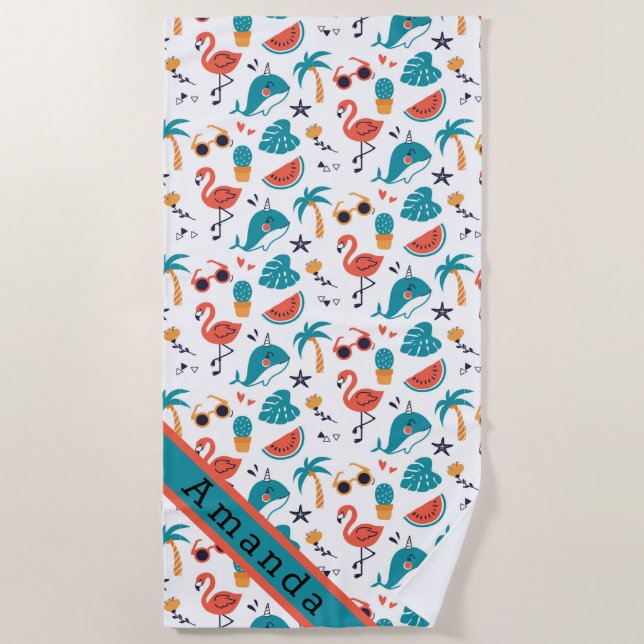 Flamingos and Unicorn Whales  Beach Towel (Front)