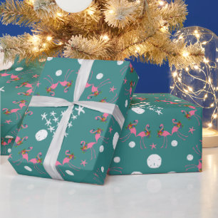 Flamingos Beach Christmas Tree Blue Gift Wrap