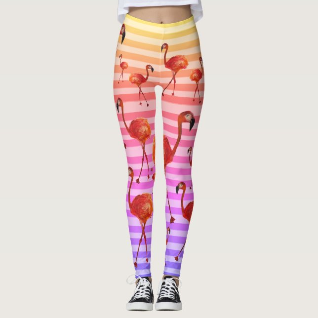 flamingos birds leggings,stripes background leggings (Front)