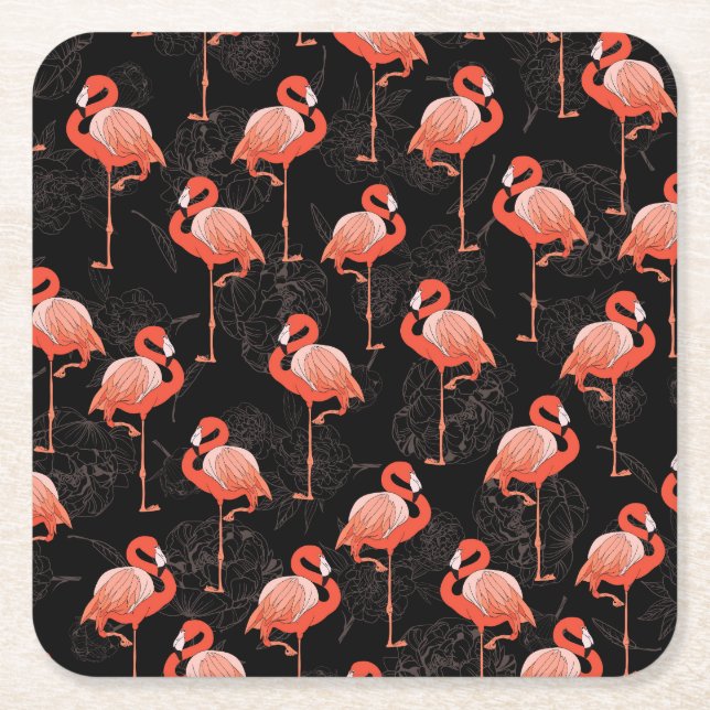Flamingos Birds: Vintage Textile Design Square Paper Coaster (Front)