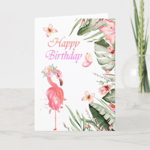 Flamingos Butterflies Tropical Leaves Birthday  Card