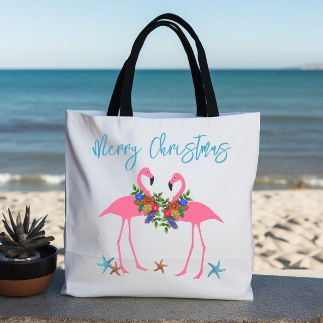 Flamingos Christmas Greeting Blue Starfish Tote Bag (Creator Uploaded)