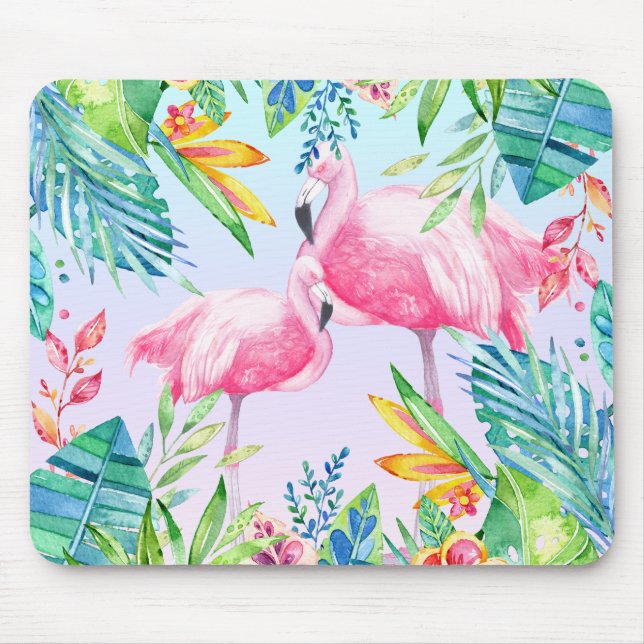 Flamingos & Colourful tropical Flowers Mouse Mat (Front)