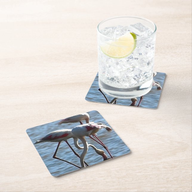 Flamingos Feeding Time Acrylic Painting Square Paper Coaster (Insitu)