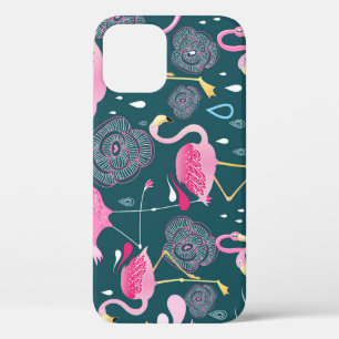 Flamingos Flowers: Dark Graphic Seamless. iPhone 12 Case