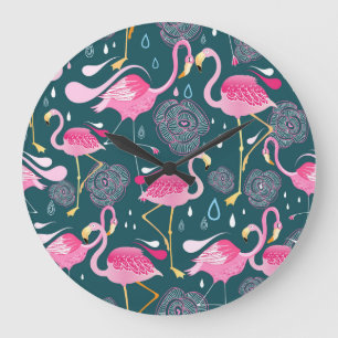 Flamingos Flowers: Dark Graphic Seamless. Large Clock
