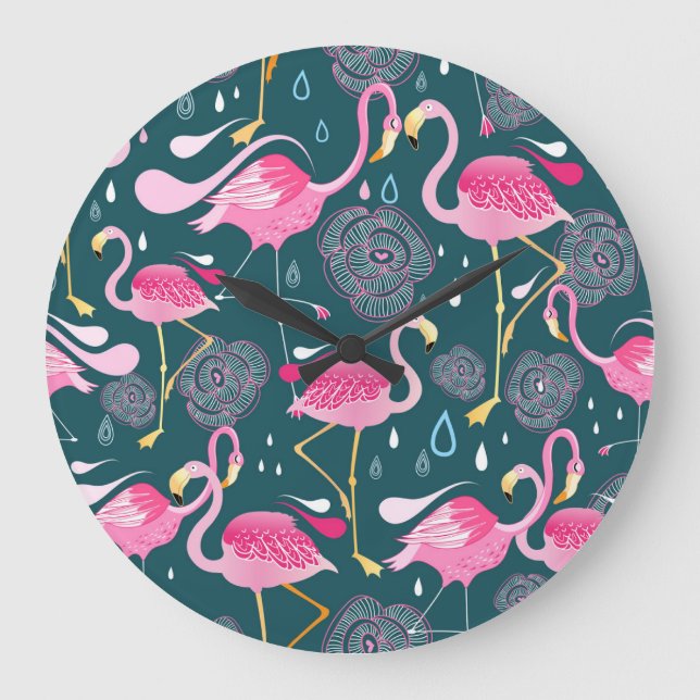 Flamingos Flowers: Dark Graphic Seamless. Large Clock (Front)