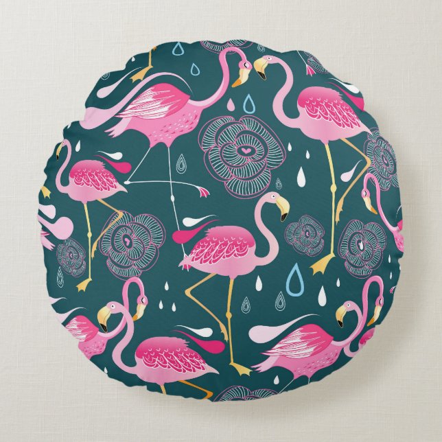 Flamingos Flowers: Dark Graphic Seamless. Round Cushion (Front)