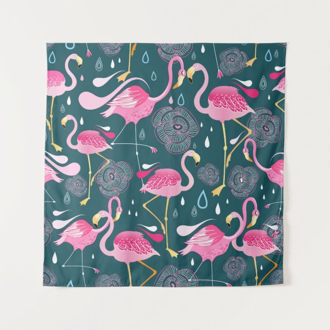 Flamingos Flowers: Dark Graphic Seamless. Tapestry (Front)