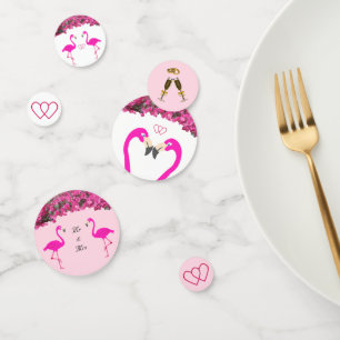 Flamingos &  flowers on rose gold & white wedding confetti