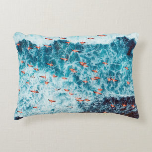 Flamingos flying on the beach of caribbean sea, Lo Decorative Cushion