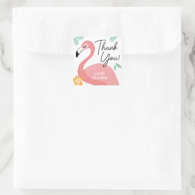 Flamingos & Fun Tropical Birthday Thank You Favour Square Sticker (Bag)
