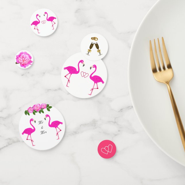 Flamingos, hearts, peony flowers & laurel wedding confetti (Group)