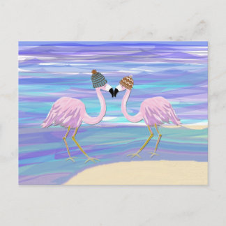 Flamingos in Knitted Hats Postcard