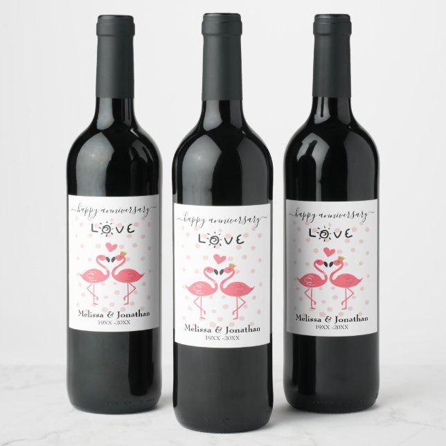 Flamingos in Love Anniversary Wine Label (Bottles)