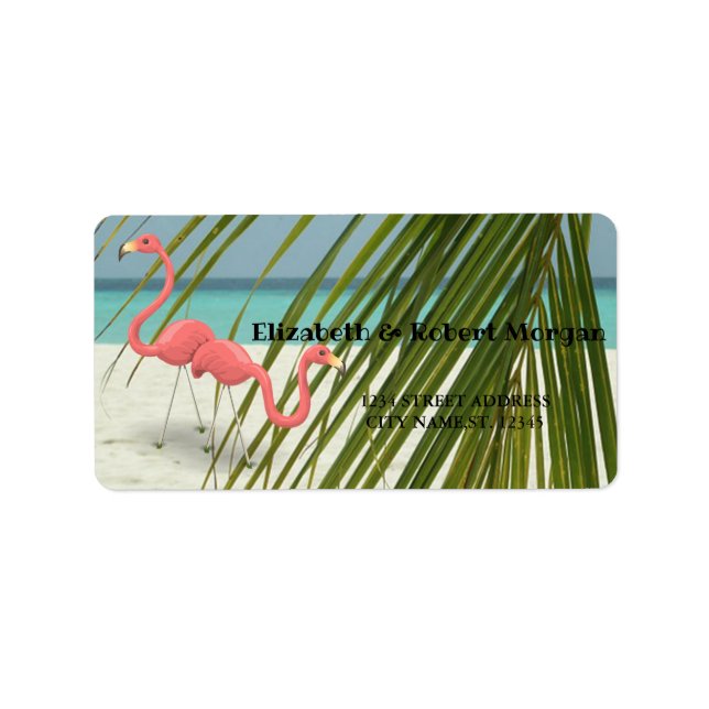 Flamingos In Love, Beach, Palm   Wedding Label (Front)