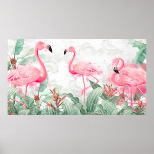 flamingos in tropical plants on a textured backgro poster