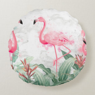 flamingos in tropical plants on a textured backgro round cushion