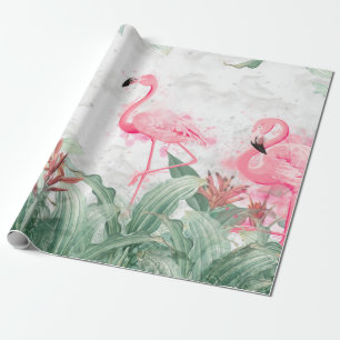 flamingos in tropical plants on a textured backgro wrapping paper