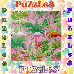 Flamingos in Tropical Scene Jigsaw Puzzle