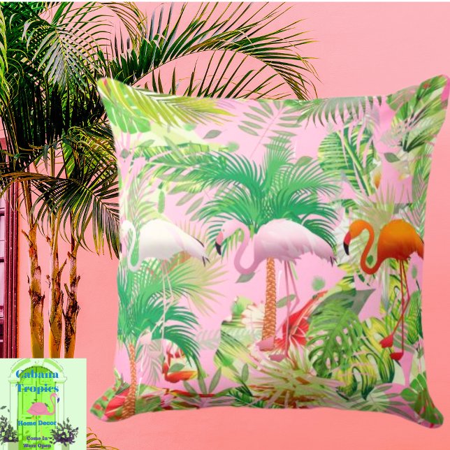 Flamingos in Tropical Scene Throw Pillow (Creator Uploaded)