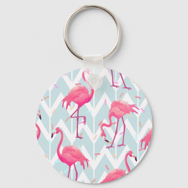 Flamingos Light Grey: Vintage Tropical. Key Ring (Front)