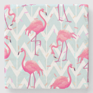 Flamingos Light Grey: Vintage Tropical. Stone Coaster