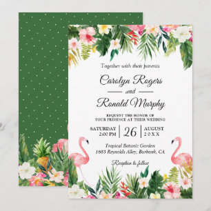 Flamingos Love Tropical Palm Leaves Floral Wedding Invitation
