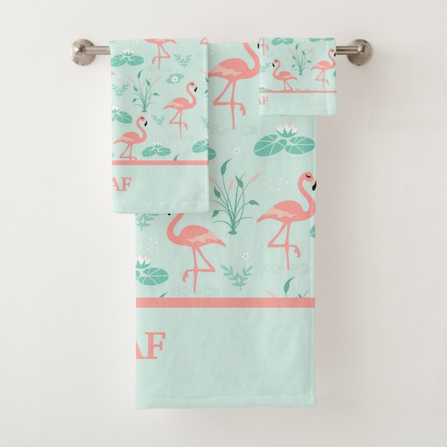 Flamingo's Monogram Tropical Bird Pink Green Bath Towel Set (Insitu)